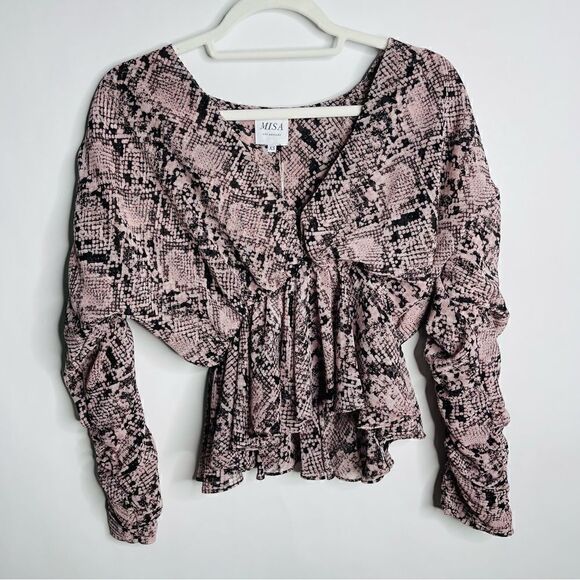 MISA NWT Kesara Blouse in Snake Skin Print With Ruched Long Sleeve Size XS. - Picture 7 of 13